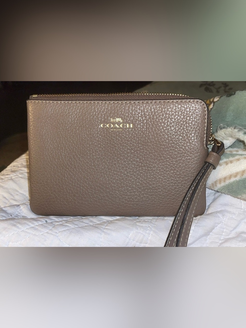 COACH Pebbled Leather Crossbody in Taupe Brown with Gold Logo
